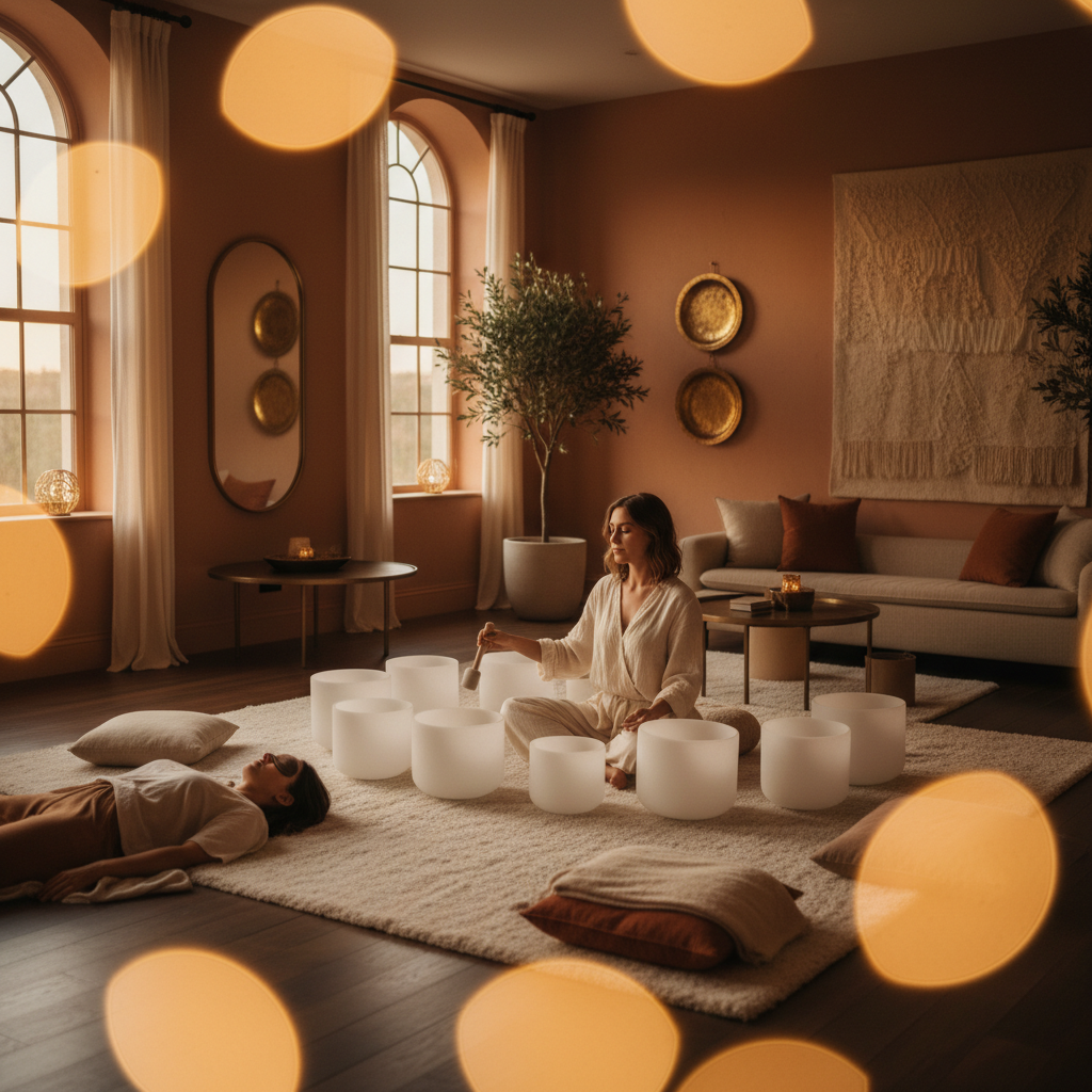 جلسة صوتية معقدة في سول آرت دبي، بقيادة لاريسا شتاينباخ، مع أوعية غنائية وأدوات اهتزازية لتعزيز البيوهاكينغ والرفاهية الشاملة.