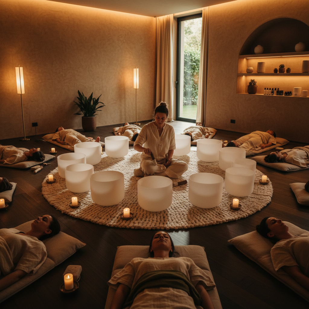 Eine Person entspannt sich inmitten von Klangschalen, symbolisierend Ruhe und Wohlbefinden durch Soul Art von Larissa Steinbach. Eine tiefe Entspannung bei Agitation.