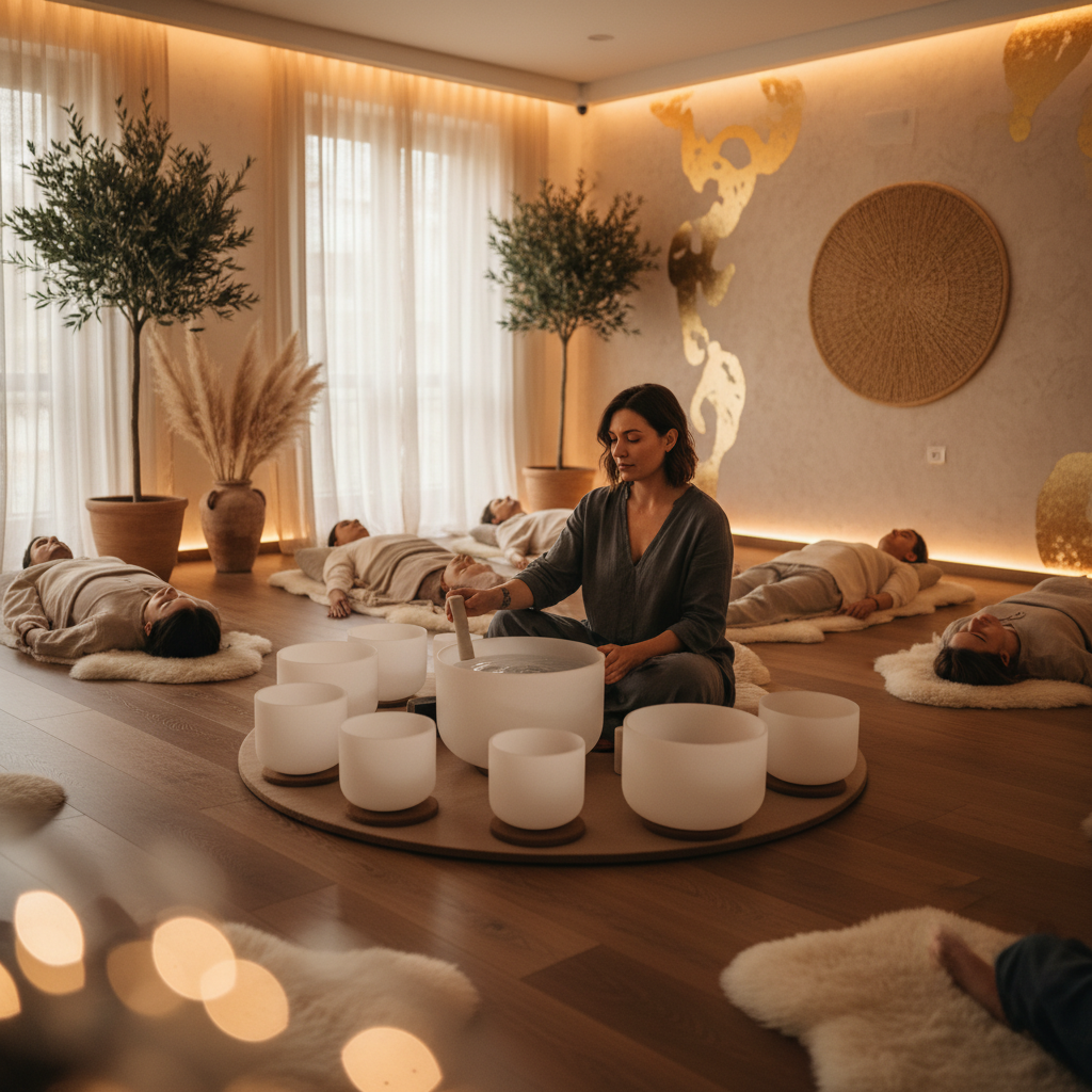 A person meditating during a sound therapy session at Soul Art, with singing bowls and gongs. Larissa Steinbach's studio offers holistic wellness experiences.