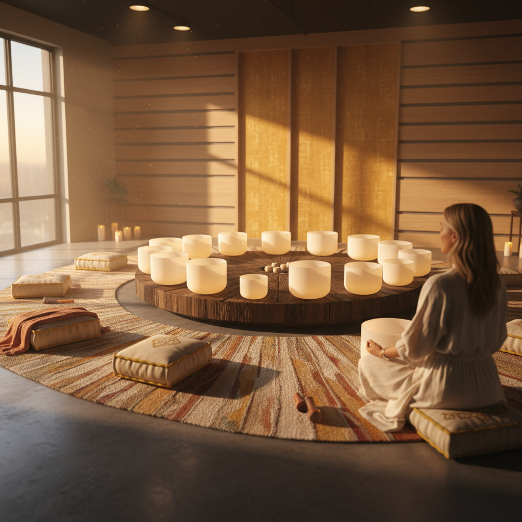 Larissa Steinbach leading a deeply resonant sound bath session at Soul Art Dubai, fostering compassion and loving-kindness through expertly played singing bowls and gongs.