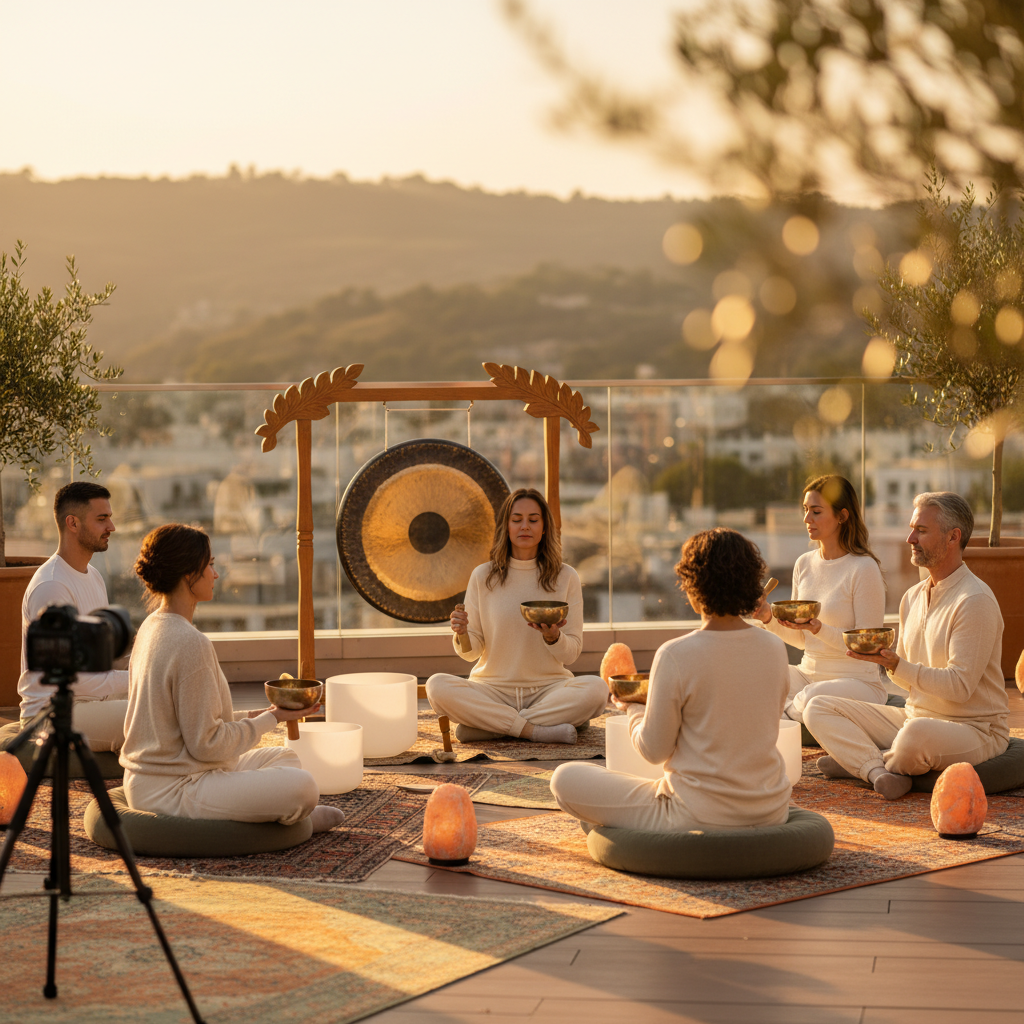 Eine Klangschale bei einem Klangbad in einer modernen Büroumgebung, symbolisiert Corporate Wellness durch Sound Services von Soul Art und Larissa Steinbach.