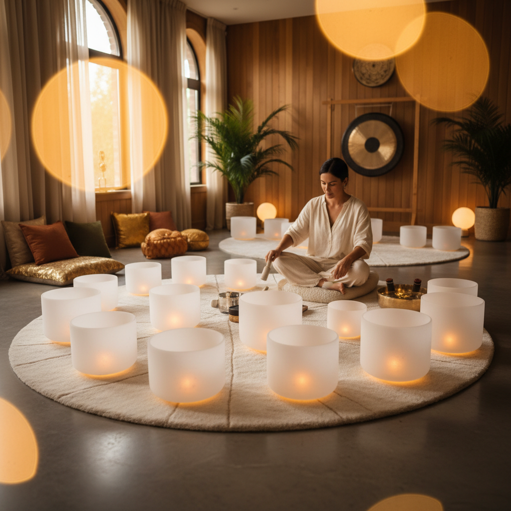 امرأة تتلقى جلسة دعم صوتي مهدئة في استوديو سول آرت، تقدمها لاريسا ستاينباخ، لتعزيز الرفاهية وتقليل الاكتئاب في الأمراض المستعصية.