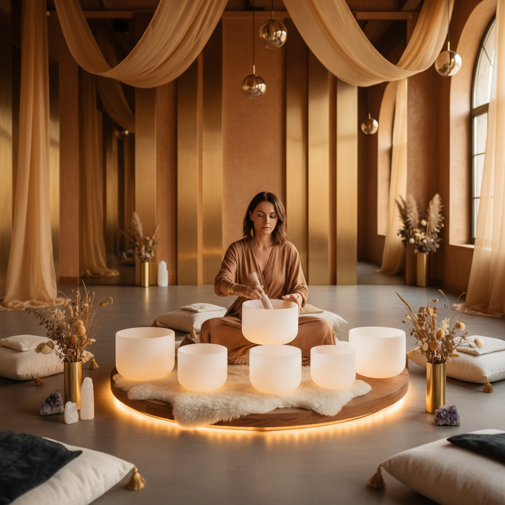 A person meditating in a serene setting with Himalayan singing bowls, symbolizing body connection through sound wellness at Soul Art Dubai with Larissa Steinbach.
