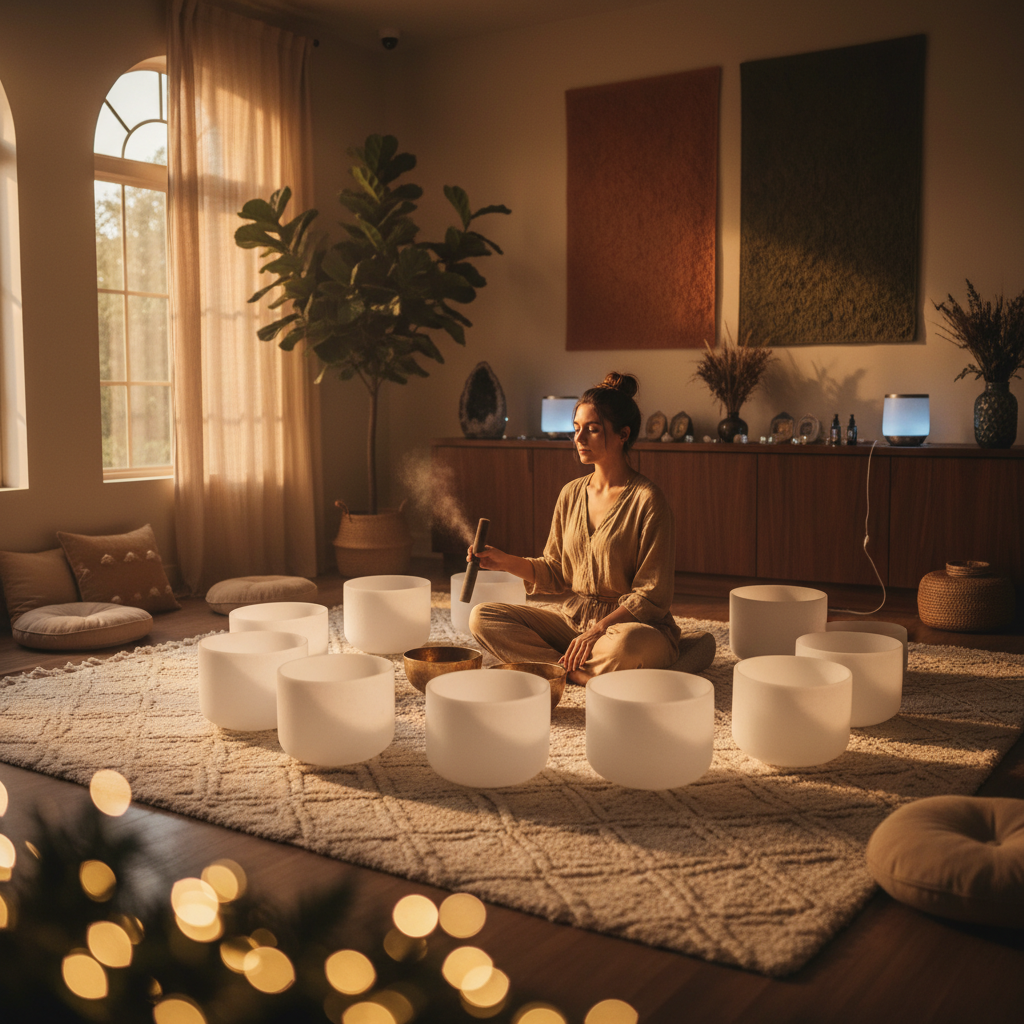 Eine Nahaufnahme von Kristallklangschalen, die bei einer Klangtherapie-Sitzung im Soul Art Studio von Larissa Steinbach in Dubai zur Herzöffnung bei Intimitätsangst eingesetzt werden.