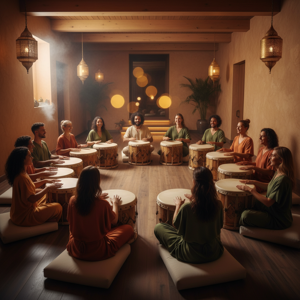 مجموعة من الأفراد يشاركون في حمام صوت جماعي في سول آرت، دبي، بقيادة لاريسا ستاينباخ، مع آلات صوتية تخلق جوًا من الهدوء والاتصال المجتمعي والرفاهية العميقة.