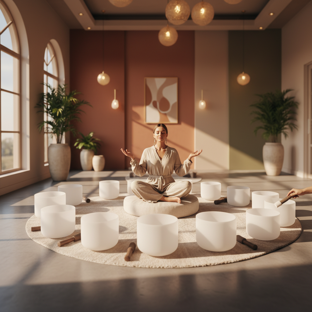 زوجان يمسكان أيديهما بهدوء، يمثلان التناغم القلبي والشفاء المتزامن في جلسة عافية صوتية في سول آرت، بتوجيه من لاريسا شتاينباخ.