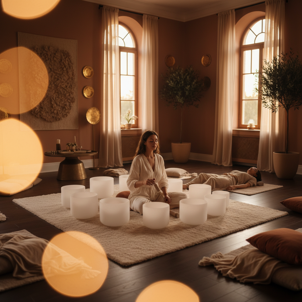 A tranquil sound bath experience with crystal singing bowls and gongs, illustrating the holistic wellness offerings at Soul Art, founded by Larissa Steinbach, in Dubai.