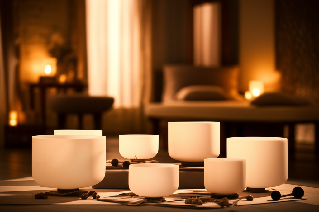 جلسة شفاء بالصوت في سول آرت بدبي، تُظهر كريستال بولز وأجراسًا تبتيّة، بقيادة لاريسا ستاينباخ، لدعم الرفاهية والحد من الالتهاب المرتبط بالشيخوخة.