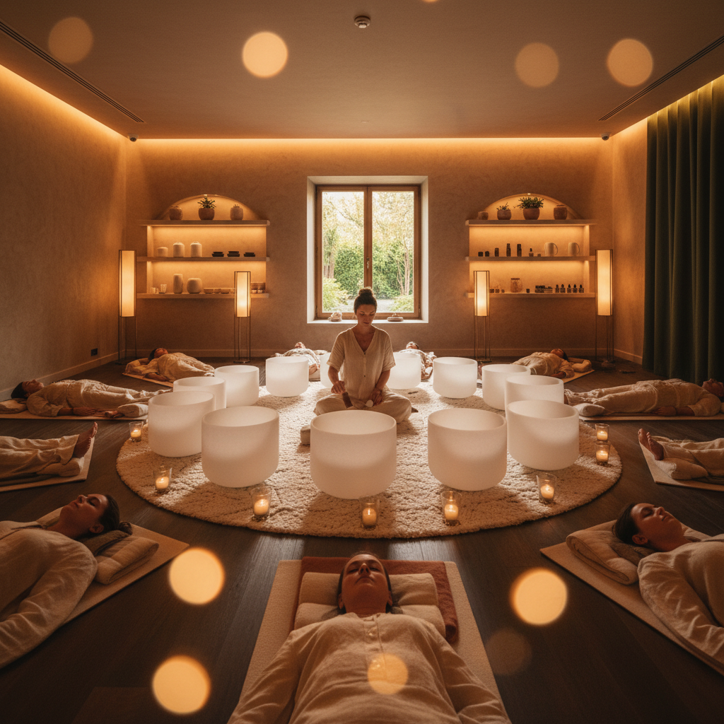 جلسة عافية هادئة في سول آرت بدبي، تُظهر أجواءً مريحة مع أدوات الصوت العلاجي، تعكس منهج لاريسا ستاينباخ في تعزيز استجابة الاسترخاء ودعم الصحة الأيضية.