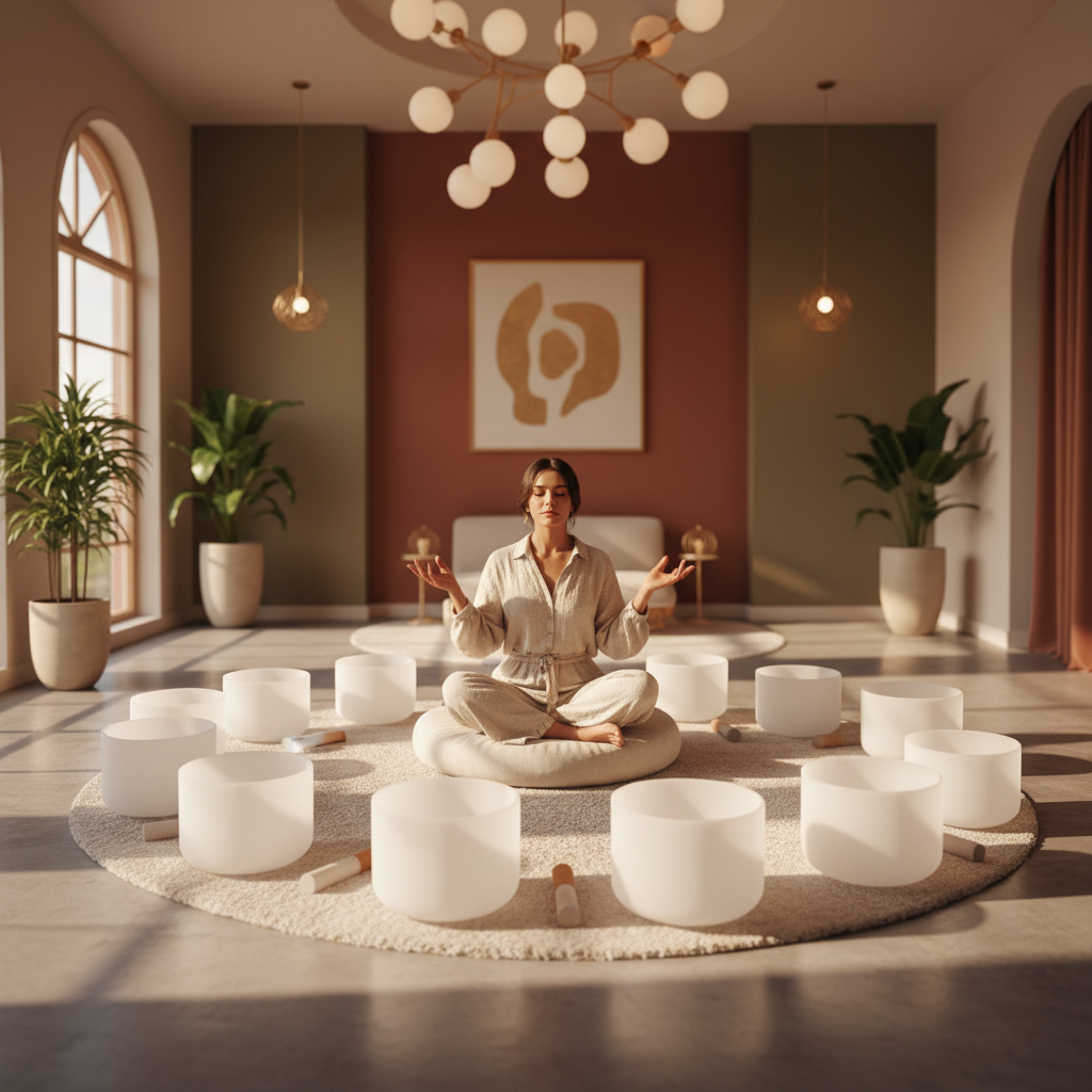 A woman in a peaceful meditation state wearing a Muse headband and wireless earbuds, with a subtle overlay of brainwave patterns, symbolizing enhanced focus and inspiration through Soul Art's sound wellness led by Larissa Steinbach in Dubai.