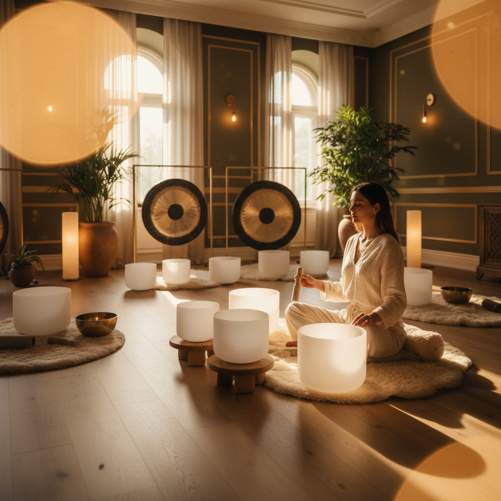 A newly married couple meditating together, surrounded by soft light and healing sound instruments, emphasizing harmony and connection. Soul Art Dubai, founded by Larissa Steinbach, helps couples build a resonant marriage foundation.