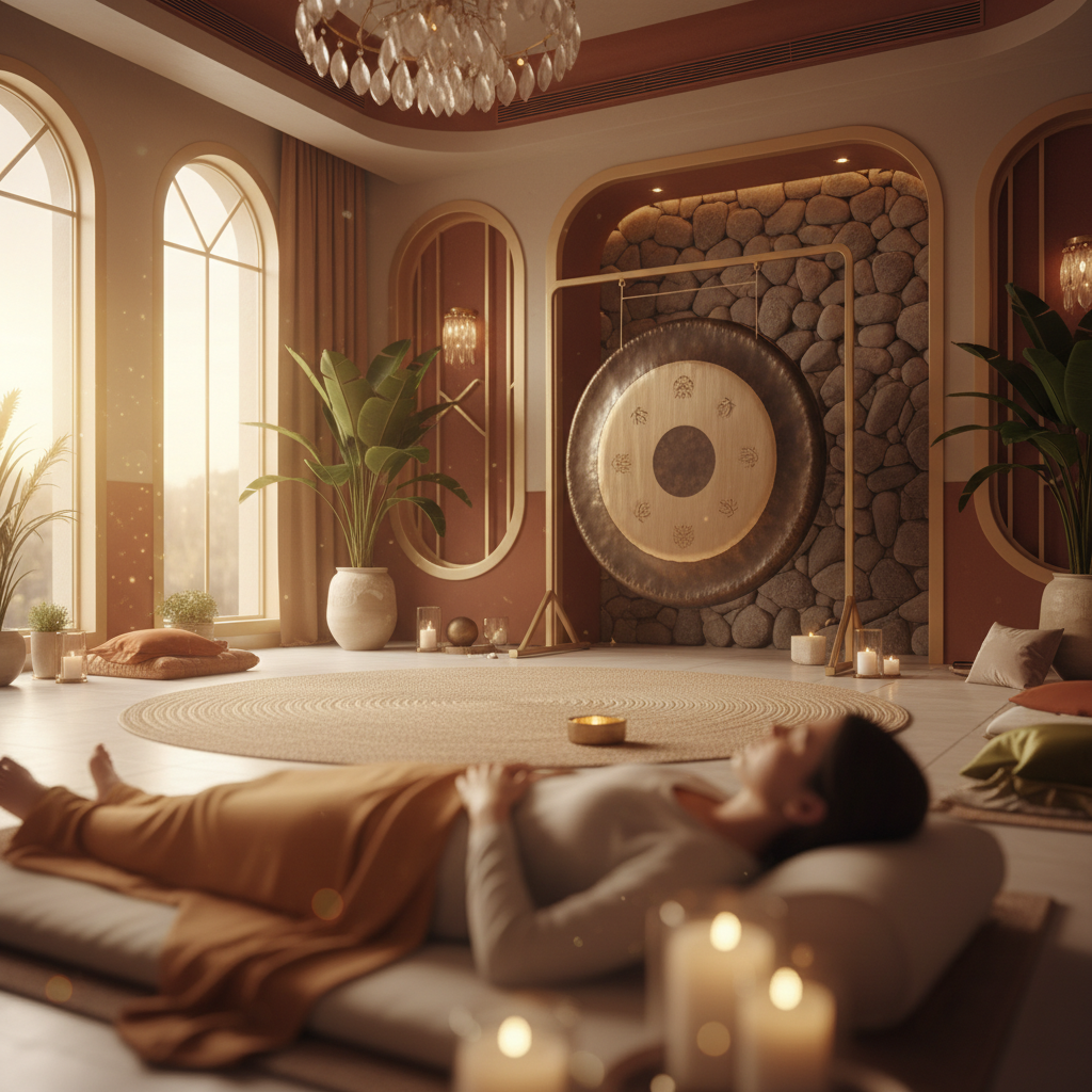 A person in a meditative pose with headphones on, surrounded by a gentle, ethereal glow, symbolizing virtual healing. This image represents the transformative online sound bath experiences offered by Soul Art Dubai, founded by Larissa Steinbach, supporting profound relaxation and well-being.