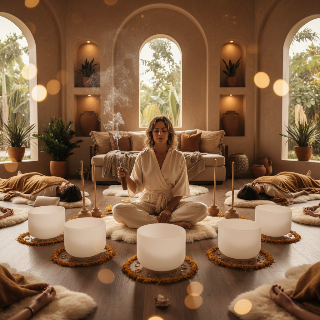 A person in a meditative pose surrounded by glowing sound waves and crystal singing bowls, symbolizing healing and calm. Featuring Soul Art Dubai and Larissa Steinbach's approach to sound wellness for phobias.