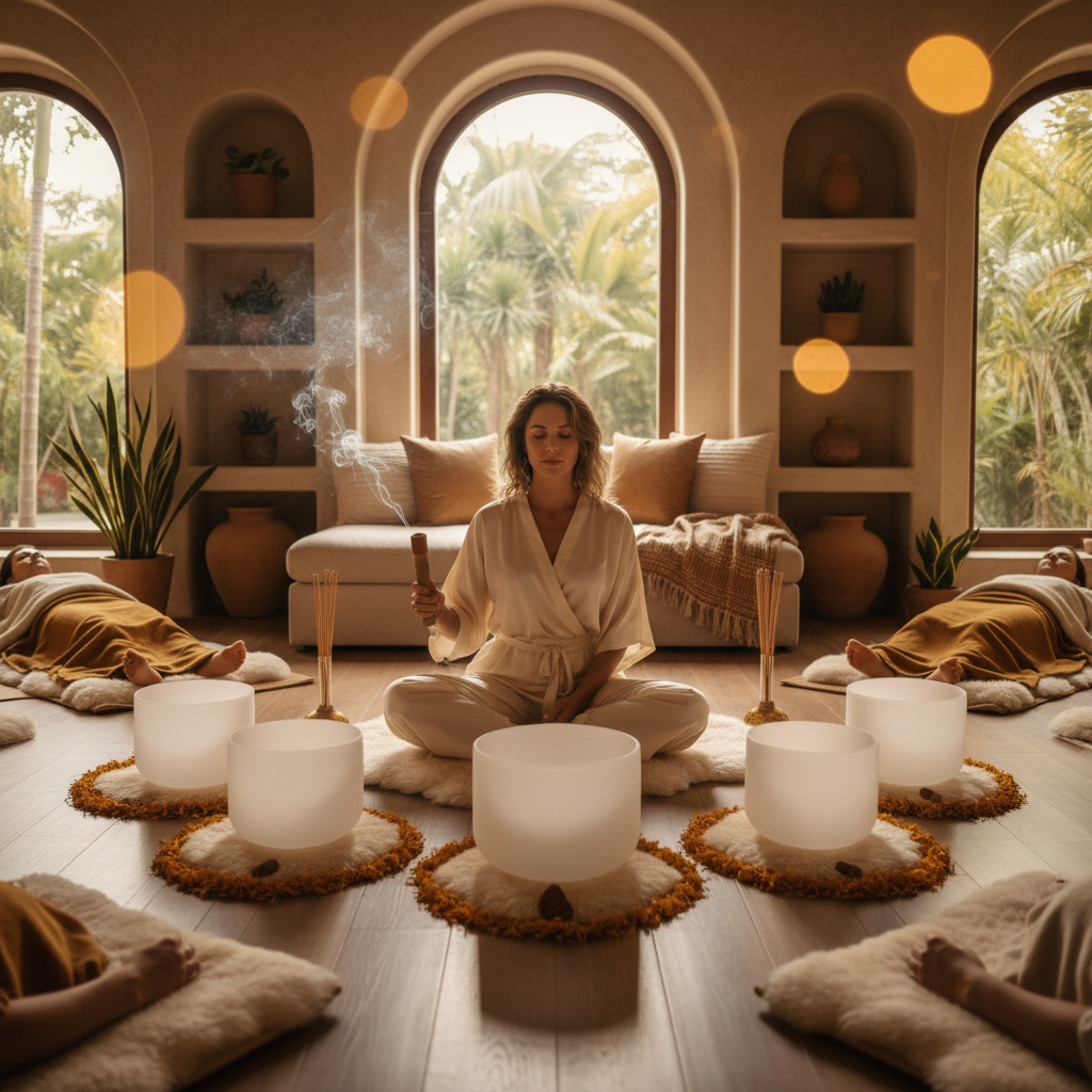 امرأة تسترخي في جلسة علاج صوتي مع الأوعية الغنائية، رمزًا لنهج سول آرت الشامل للرفاهية الذي أسسته لاريسا ستاينباخ، يوضح مستقبل الطب الصوتي والموسيقى الموصوفة.