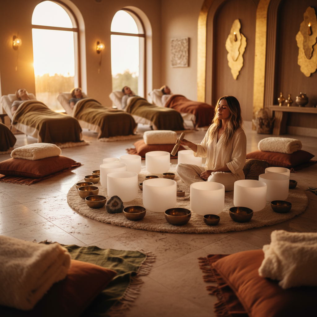 A serene image of crystal singing bowls glowing with soft, ethereal light, representing the deeply relaxing and restorative sound wellness experiences offered at Soul Art Dubai, founded by Larissa Steinbach.