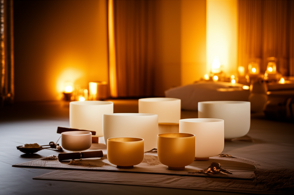 A serene individual experiencing sound therapy with crystal singing bowls, representing the scientific validation of Soul Art's wellness practices by Larissa Steinbach.
