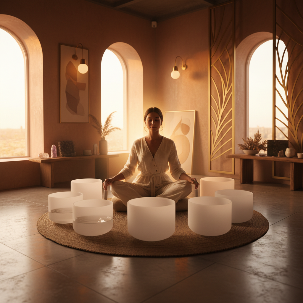 Eine Person entspannt sich in einem friedlichen Klang-Wellness-Studio, umgeben von sanftem Licht, mit dem Logo von Soul Art Dubai und Larissa Steinbach im Vordergrund, symbolisiert Entspannung und saisonale Wohlfühlunterstützung.