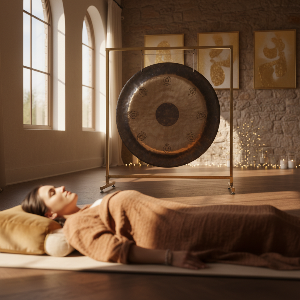 امرأة تستمتع بحمام غابة هادئ (شينرين-يوكو) في الطبيعة الخضراء، مع دمج عناصر العلاج الصوتي في الخلفية، تمثل نهج سول آرت المبتكر بقيادة لاريسا ستاينباخ لتعزيز الرفاهية.