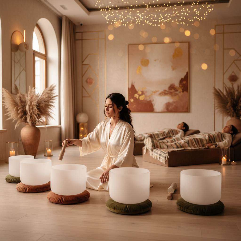 امرأة تستخدم هاتفها الذكي مع رموز إنستغرام، ترمز إلى استراتيجيات وسائل التواصل الاجتماعي للمعالجين بالصوت. سول آرت، لاريسا شتاينباخ، إنستغرام، العلاج بالصوت، العافية الرقمية، بناء المصداقية.