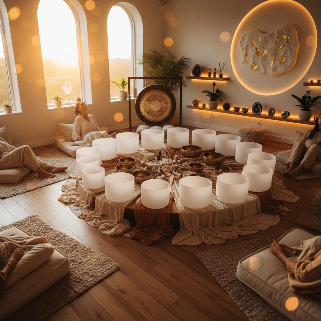 امرأة تتأمل في جلسة عافية صوتية في سول آرت، دبي، مع أوعية غنائية كريستالية. استكشاف تغلغل الموجات الصوتية في الجسم مع لاريسا ستاينباخ.