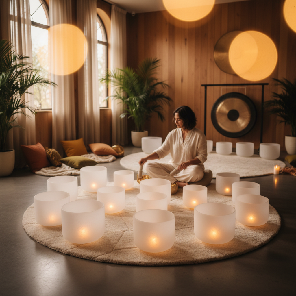 A visual artist in their studio, surrounded by paint and canvases, listening to ambient sound. Features the innovative approach of Soul Art and founder Larissa Steinbach for enhanced creative flow.