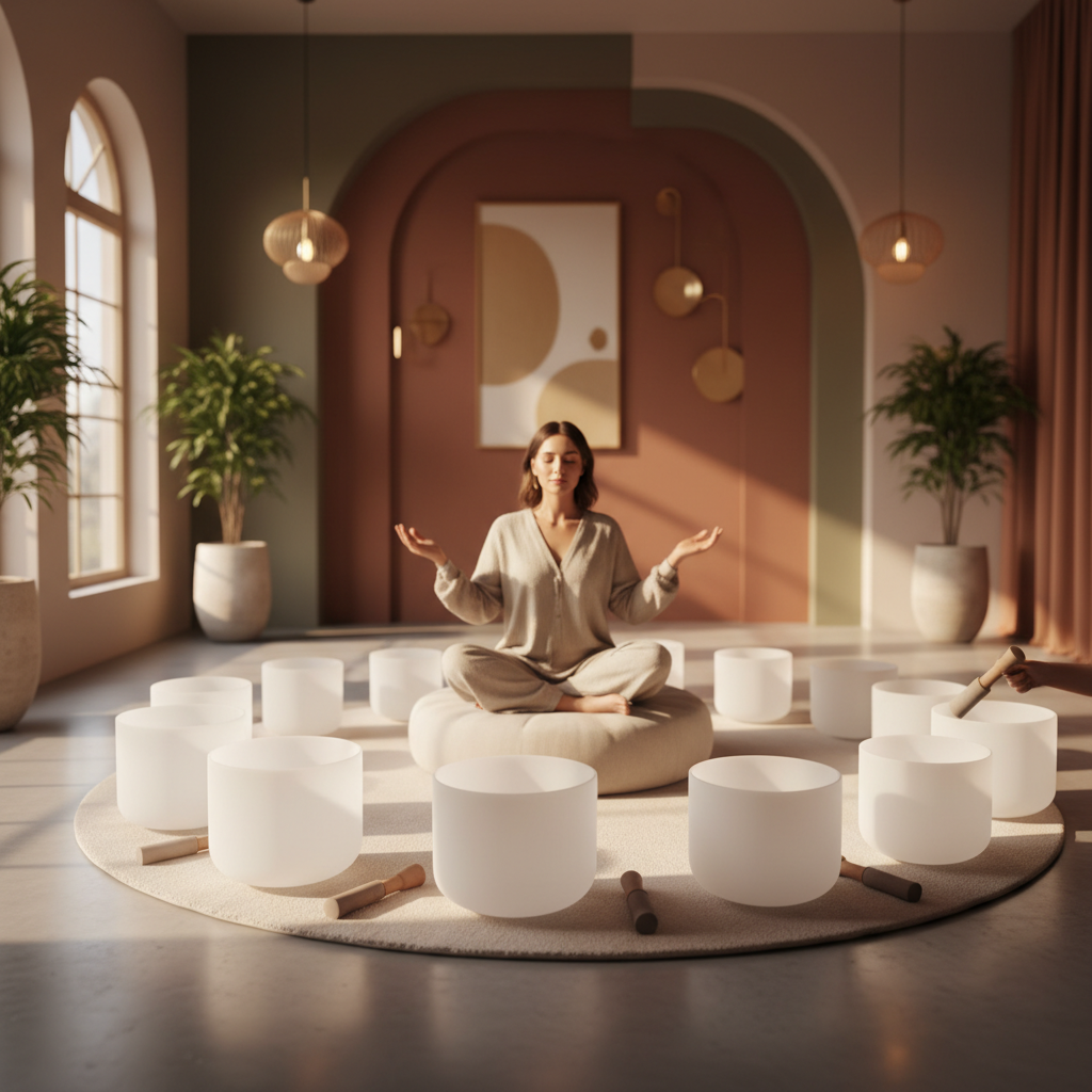 Larissa Steinbach of Soul Art demonstrating the art of singing bowl water resonance, with beautiful, intricate ripples forming in a singing bowl filled with water, symbolizing deep relaxation and holistic wellness.